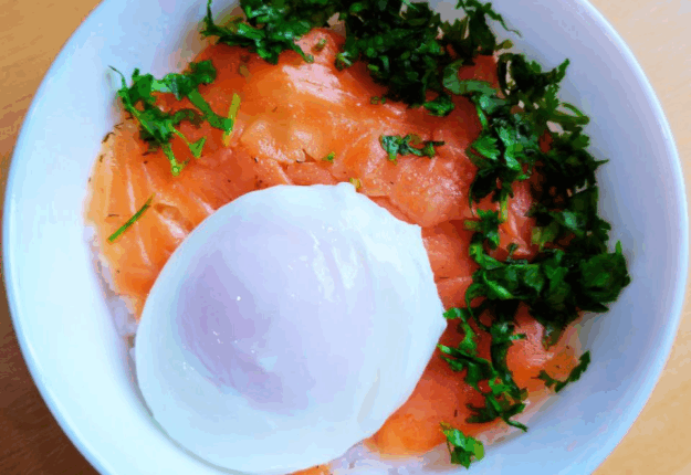 Simple Breakfast Bowl with Rice, Salmon & Poached Egg