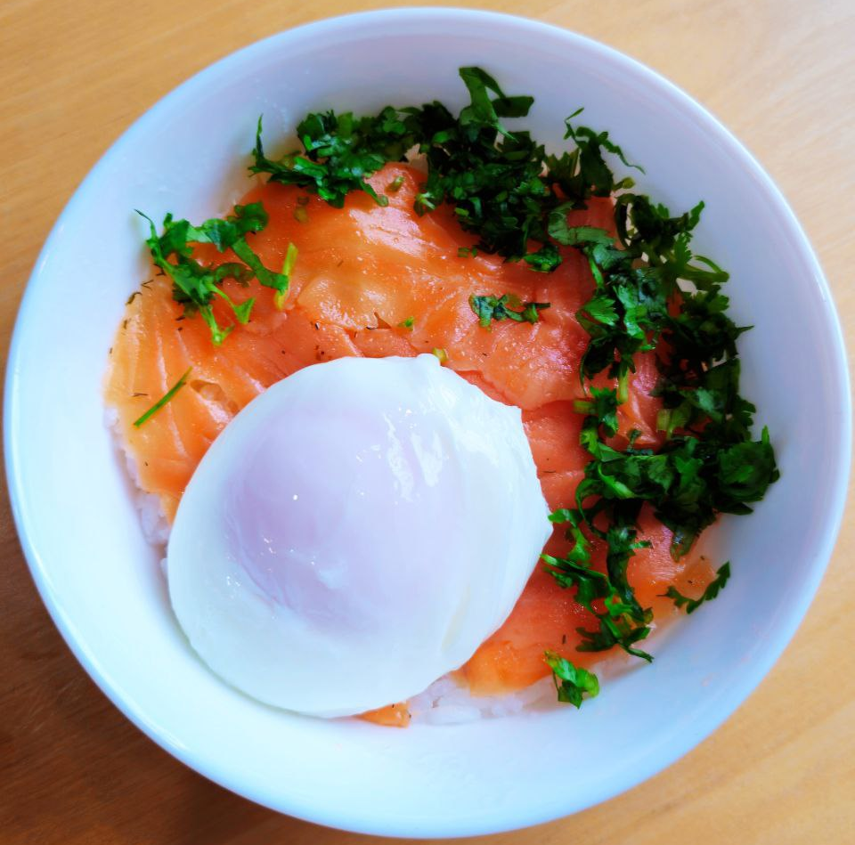 Simple Breakfast Bowl with Rice, Salmon & Poached Egg