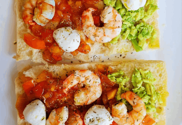 Ciabatta Toast with Persimmon, Avocado, Mozzarella & Shrimp