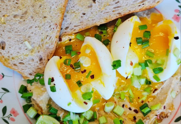 Perfect Breakfast with Hummus & Soft-Boiled Eggs