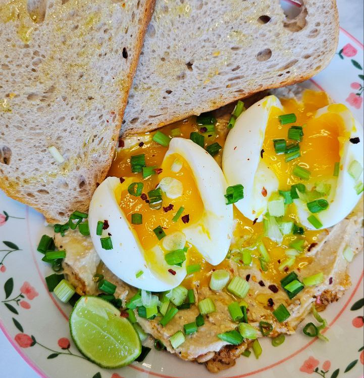 Perfect Breakfast with Hummus & Soft-Boiled Eggs
