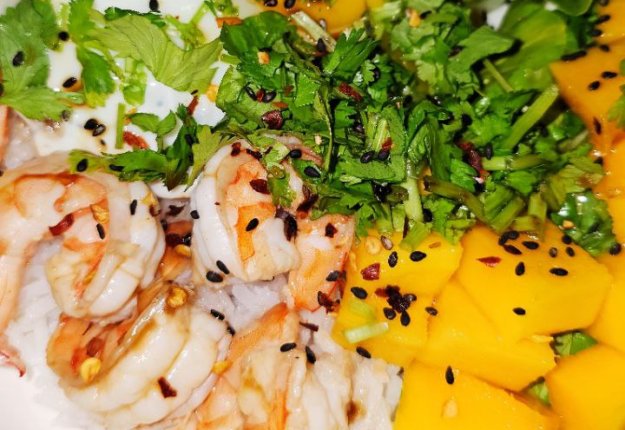 Shrimp Rice Bowl with Mango, Egg & Greek Yogurt