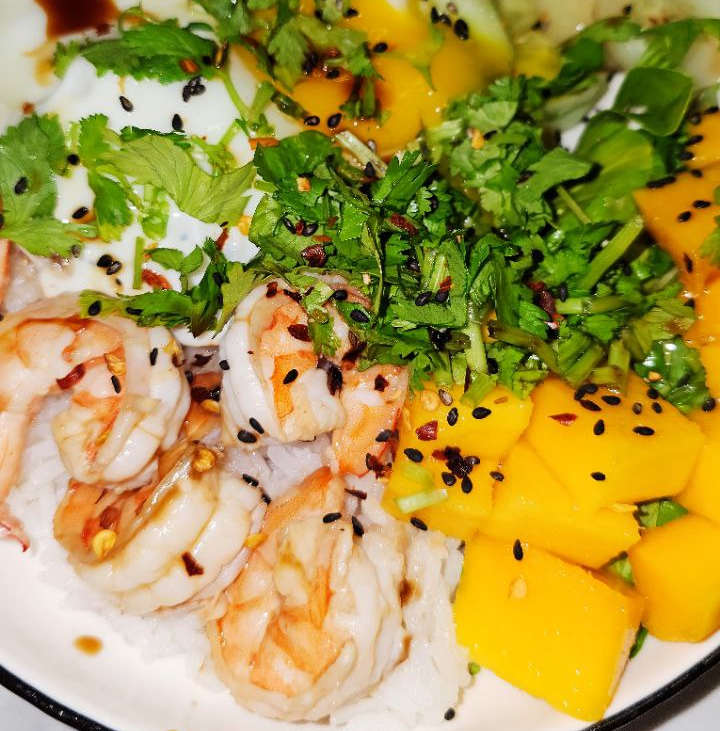 Shrimp Rice Bowl with Mango, Egg & Greek Yogurt