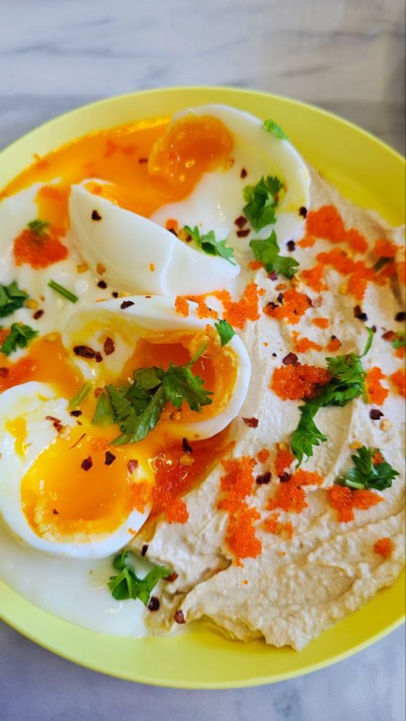 Turkish Eggs with Hummus, Greek Yogurt, Tobiko, and Chili