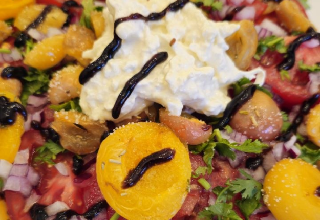 Summer Tomato Salad with Roasted Apricots & Burrata
