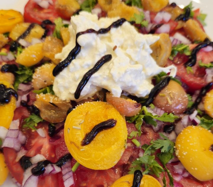 Summer Tomato Salad with Roasted Apricots & Burrata