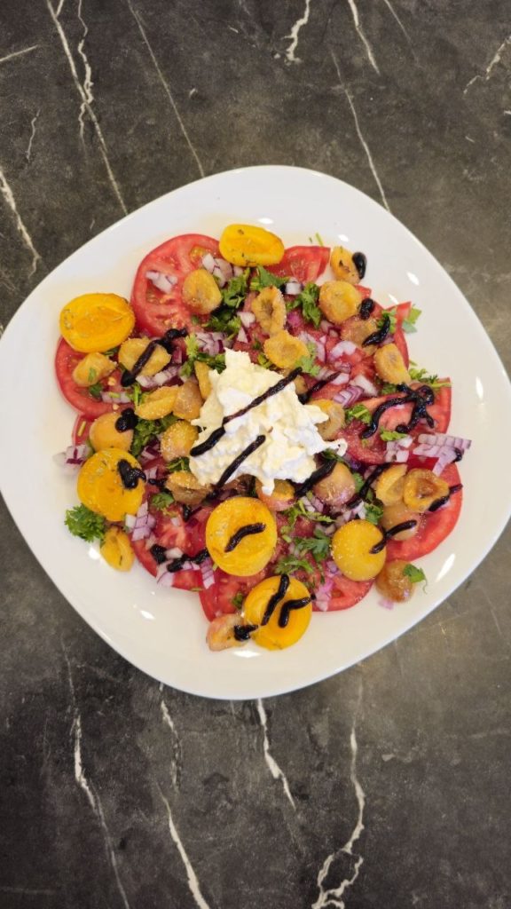 Summer Tomato Salad with Roasted Apricots & Burrata