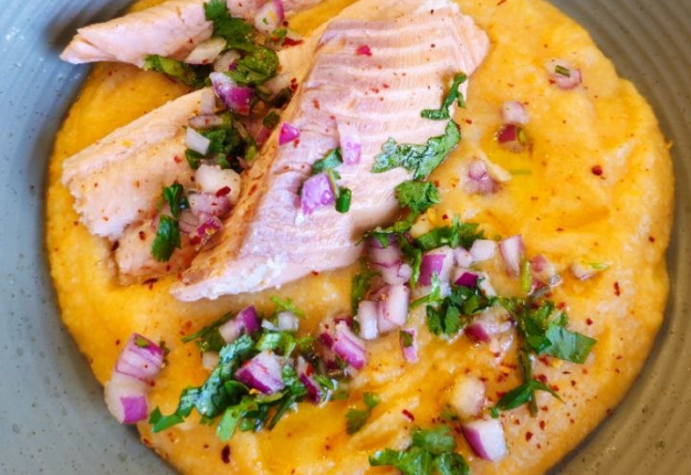 White Fish with Creamy Vegetable Purée & Cilantro Vinaigrette