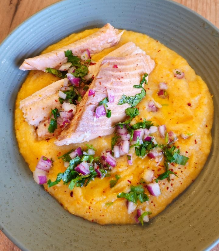 White Fish with Creamy Vegetable Purée & Cilantro Vinaigrette