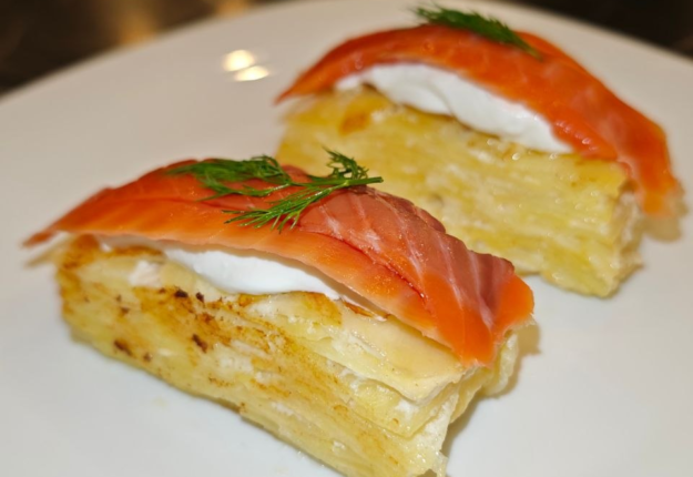 Potato Gratin with Smoked Salmon, Yogurt & Dill